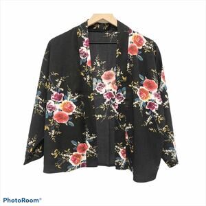 Black floral open jacket 3/4 sleeves kimono top M